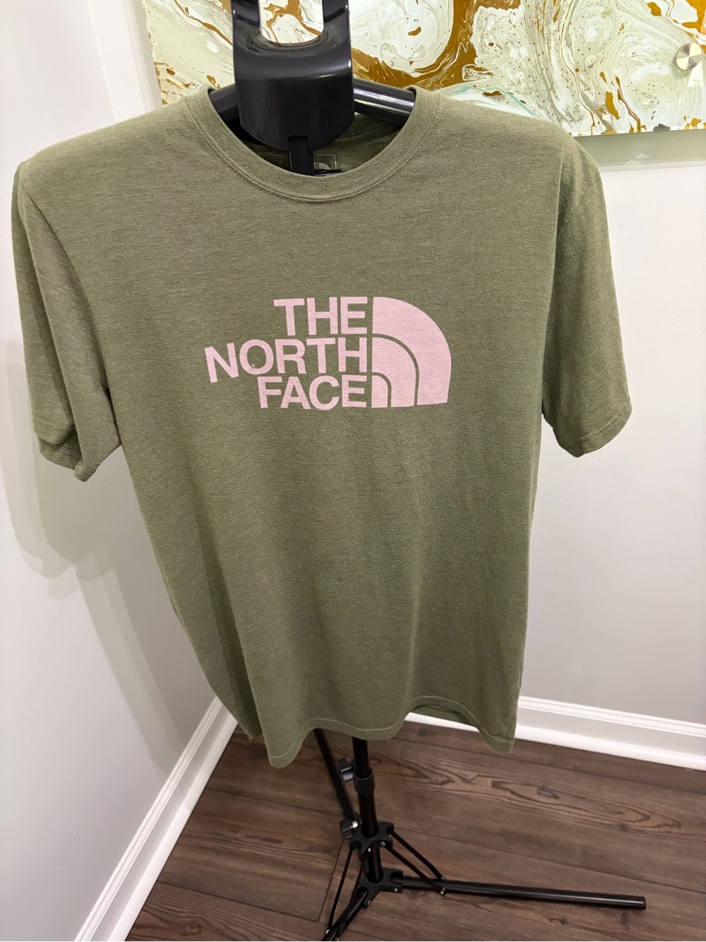 The North Face Olive Green Tee with Pink Logo